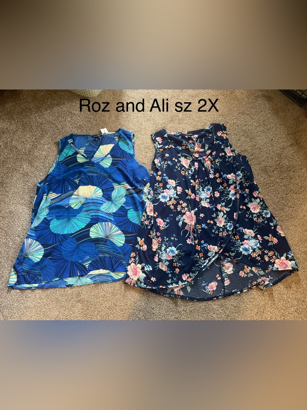 Roz & Ali Women's Navy Floral Sleeveless Tops - size 2X